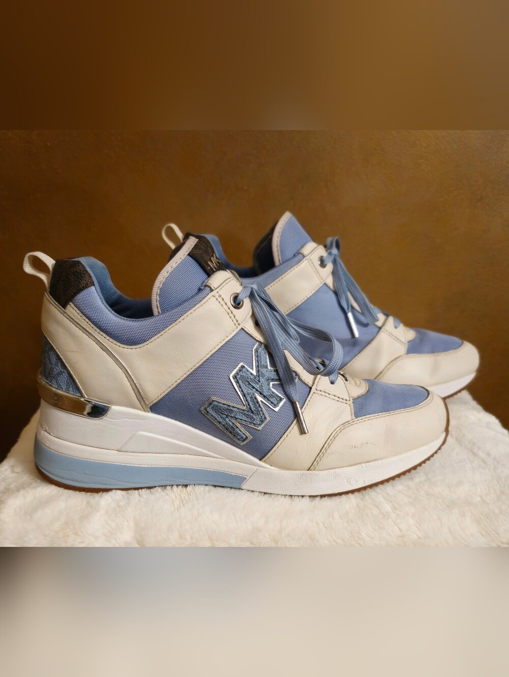 Michael Kors Blue and White Wedge Sneakers